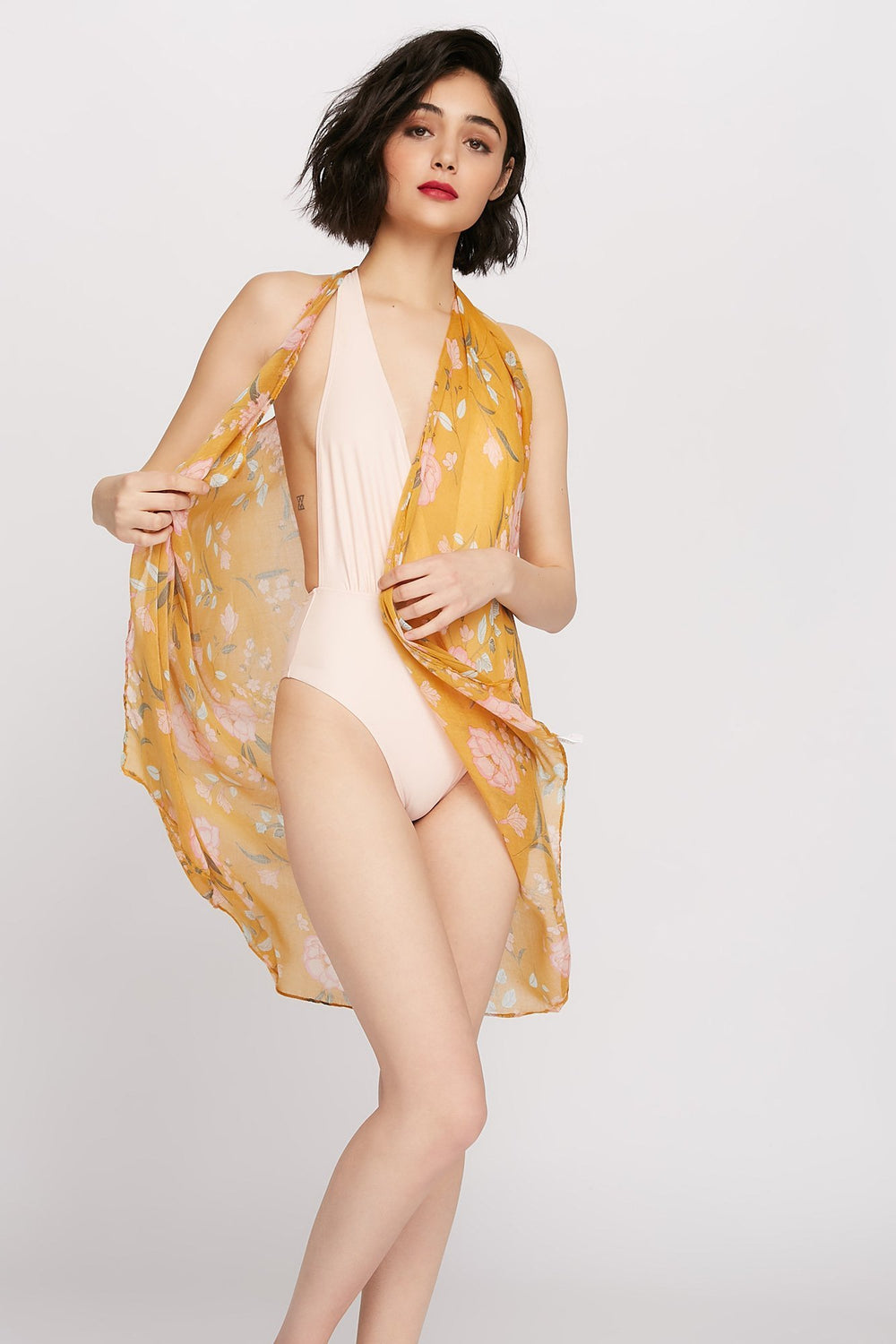 Women Printed Mesh T-Back Shawl Mustard