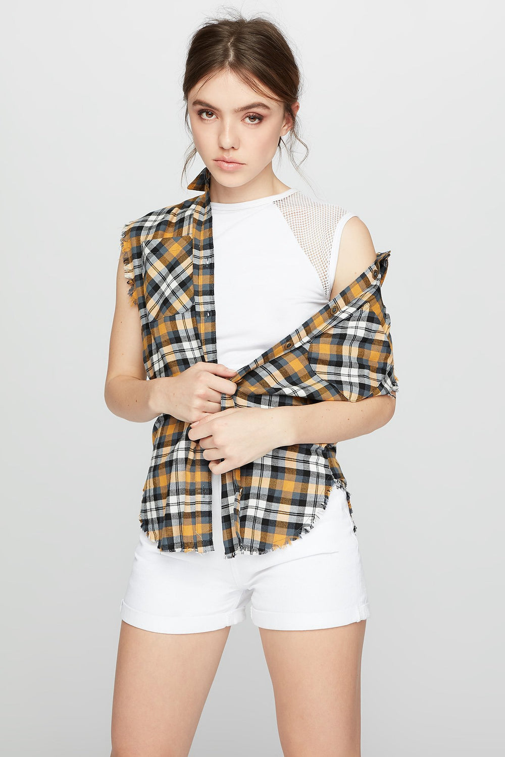 Women Raw Edge Sleeveless Plaid Button-Up Shirt Mustard