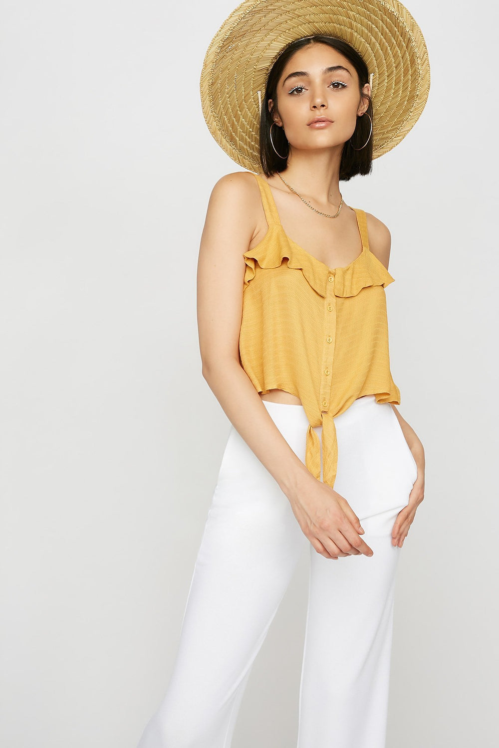 Women Ruffle Button-Up Front-Knot Knit Tank Mustard