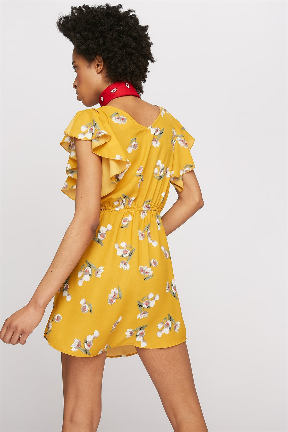 Women Ruffle Faux-Wrap Self-Tie Printed Mini Dress Mustard