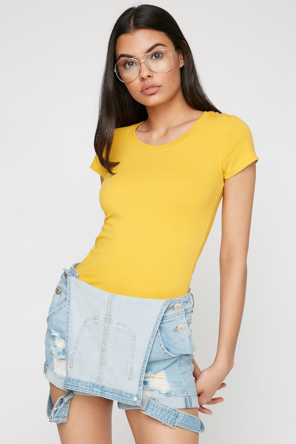 Women Scoop Neck Basic T-Shirt Mustard