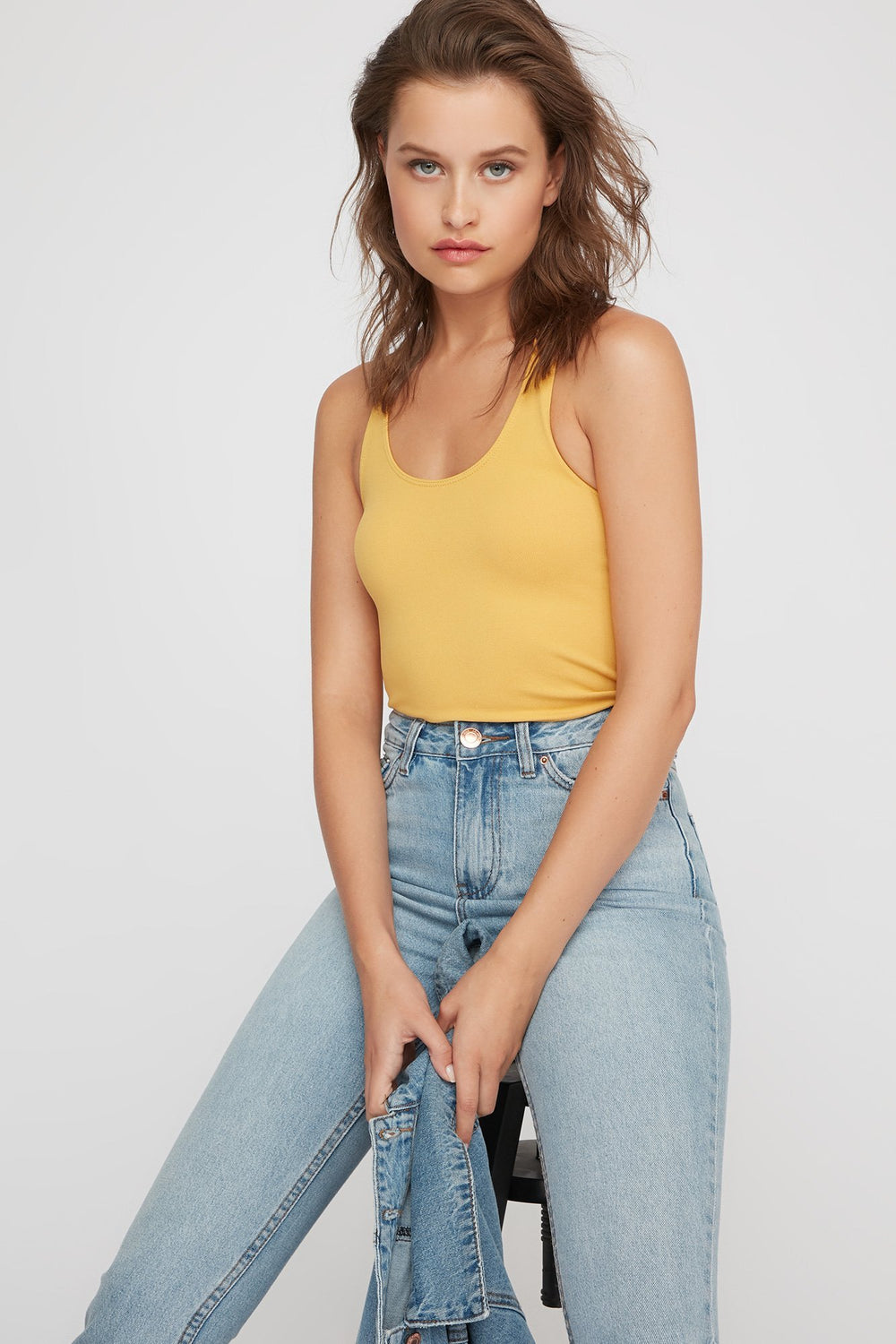 Women Scoop Neck Ribbed Tank Mustard