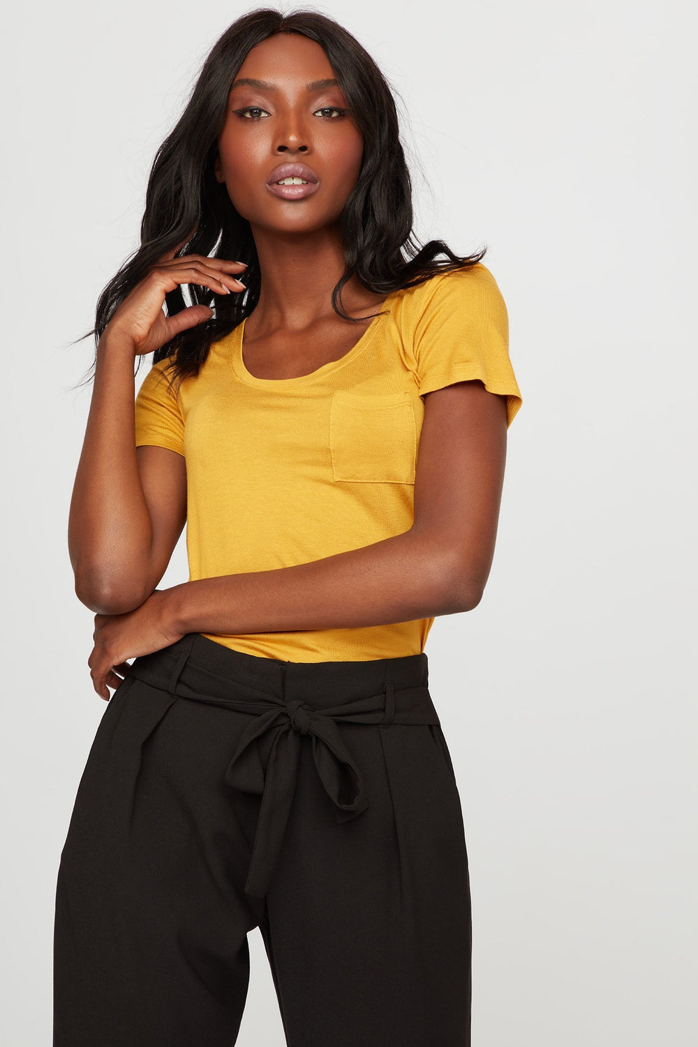 Women Scoop Neck Soft Basic Pocket Coloured T-Shirt Mustard