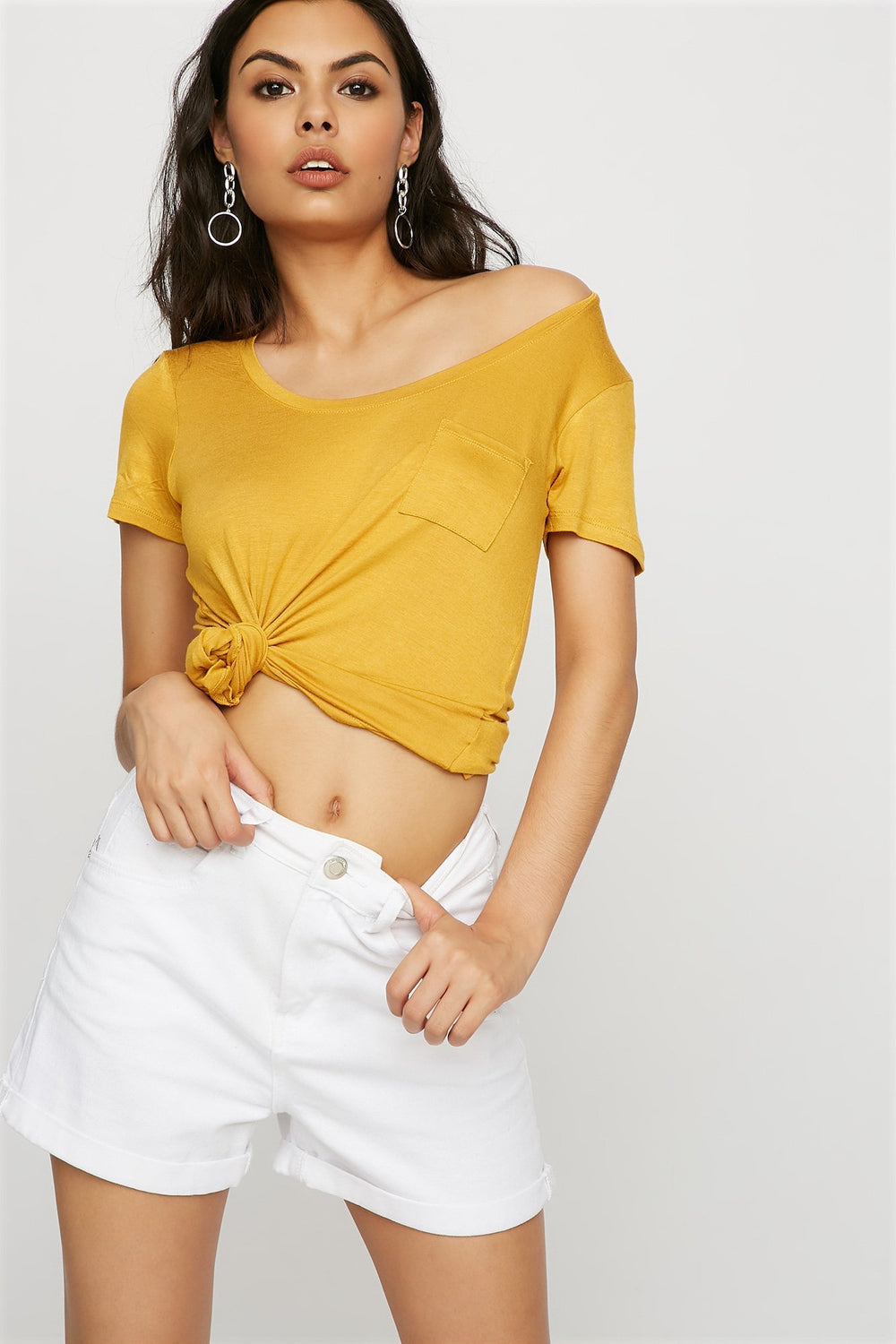 Women Scoop Neck Soft Pocket Coloured Basic T-Shirt Mustard
