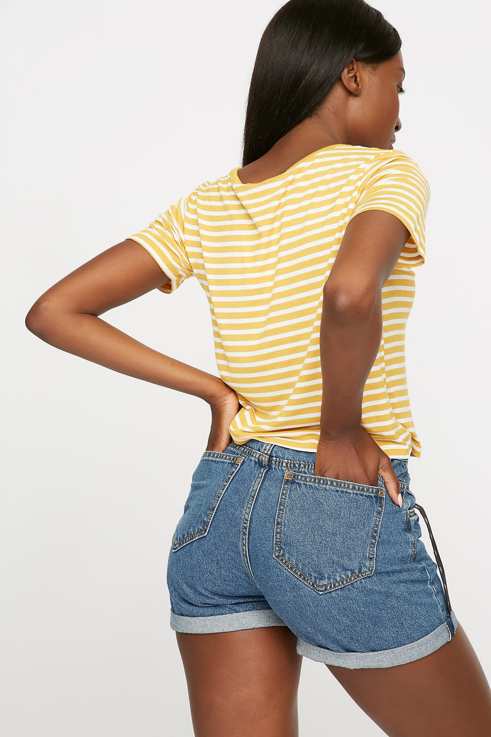 Women Striped Crisscross Lightweight T-Shirt Mustard
