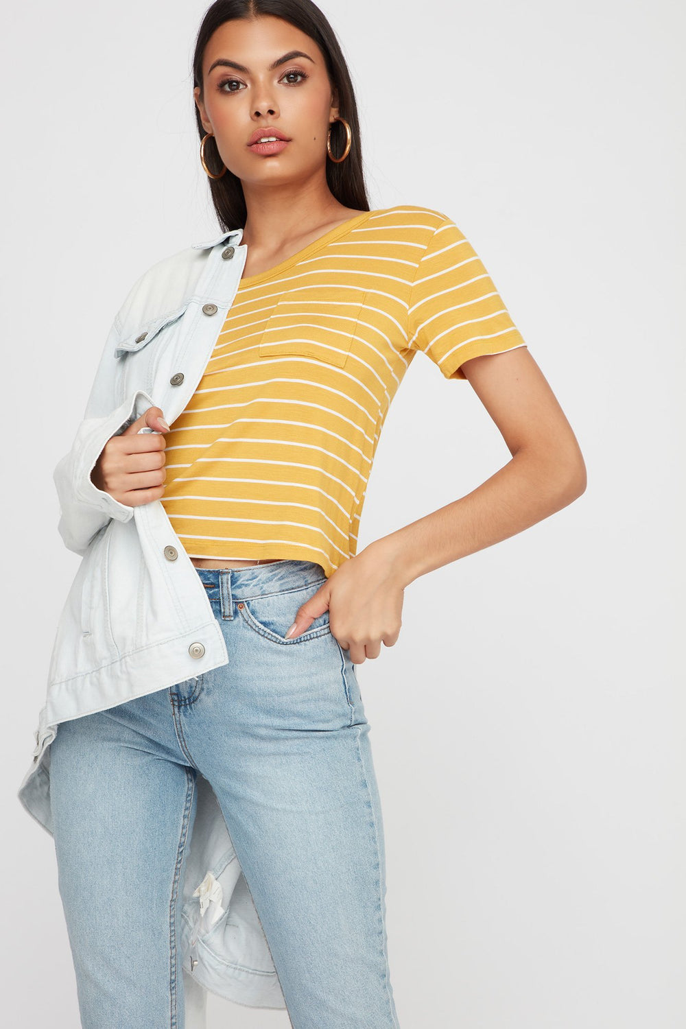 Women T-Back Striped Cropped T-Shirt Mustard