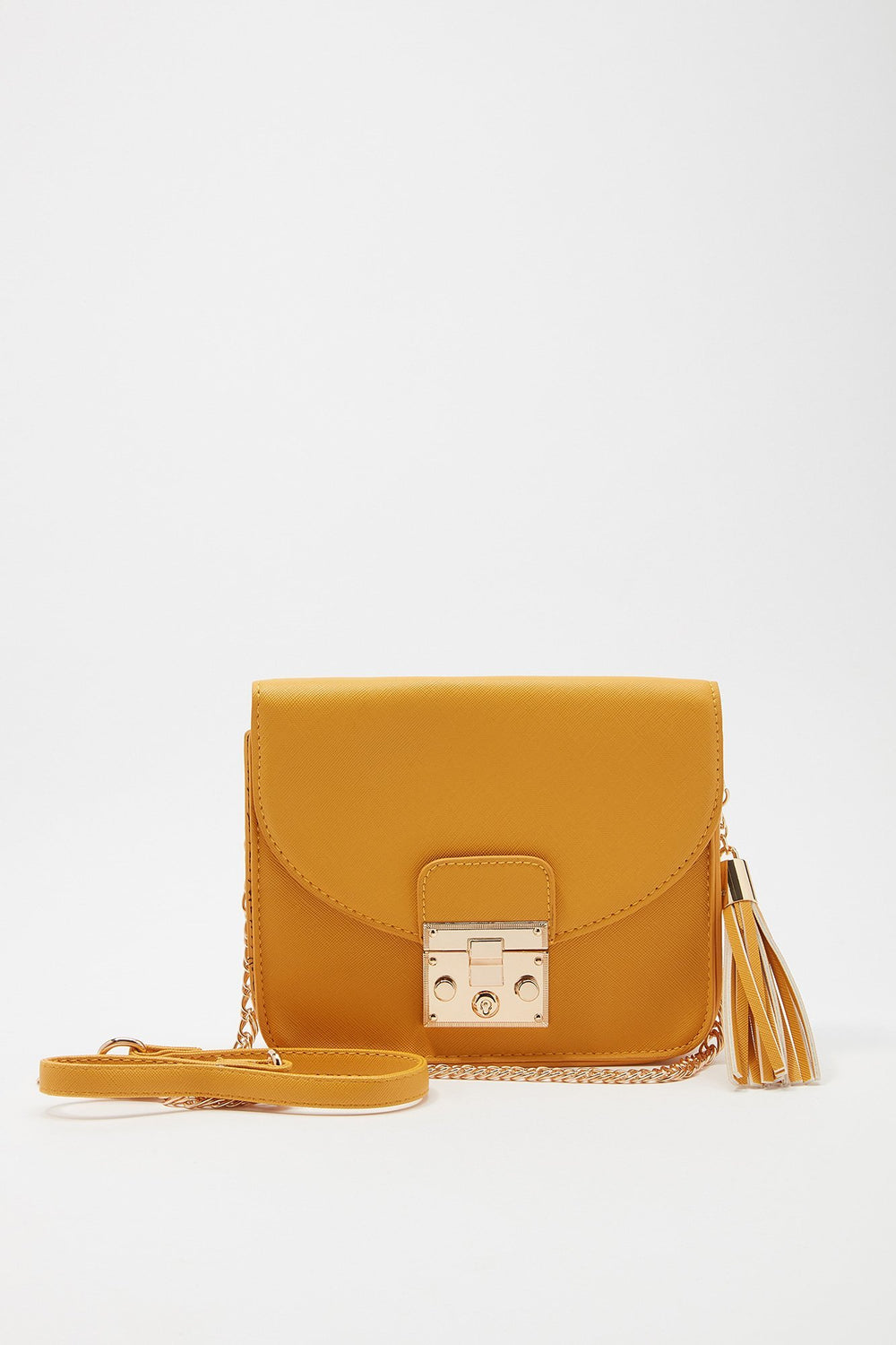 Women Tassel Chain-Link Structured Crossbody Bag Mustard