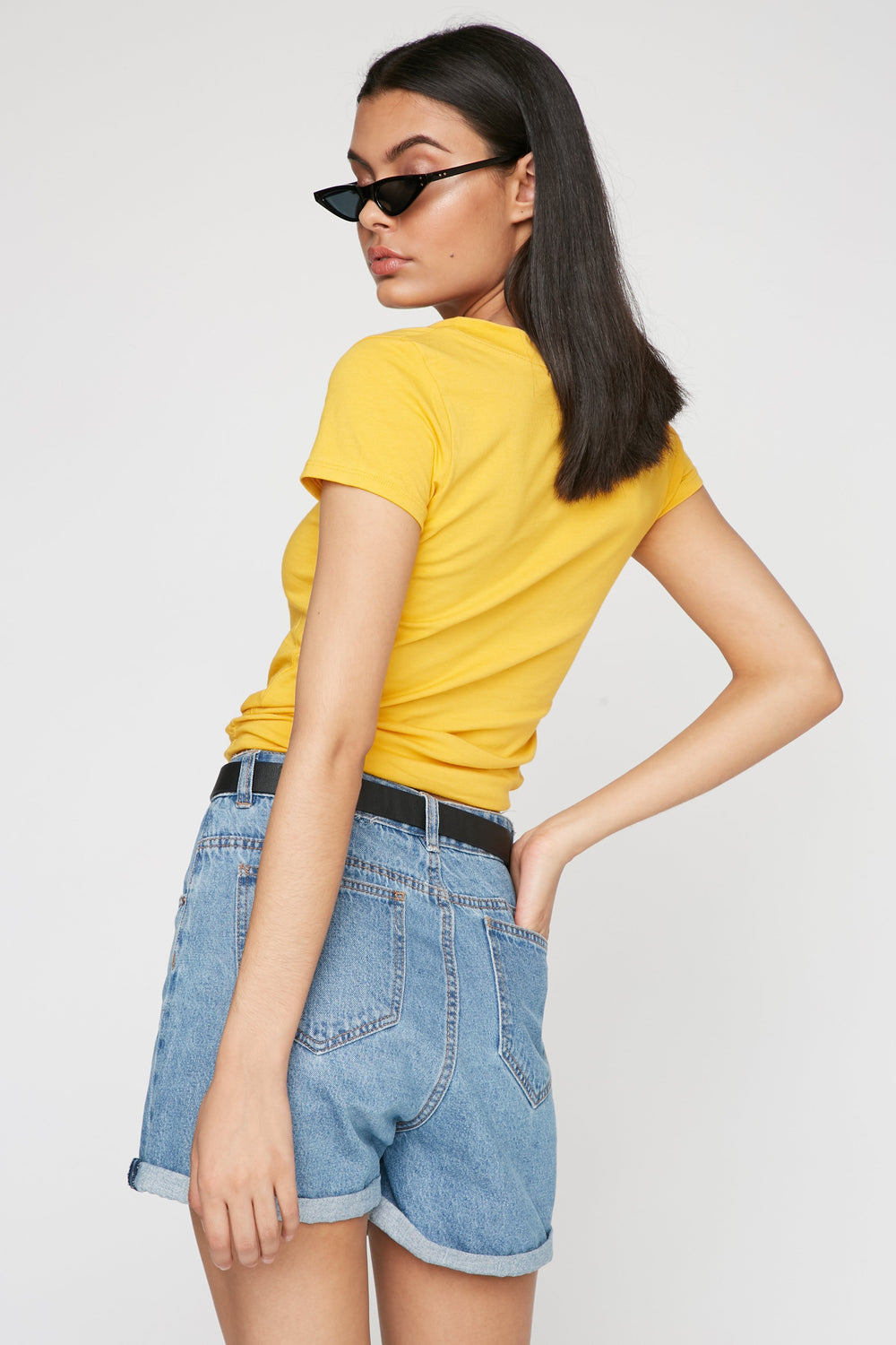 Women V-Neck Basic T-Shirt Mustard