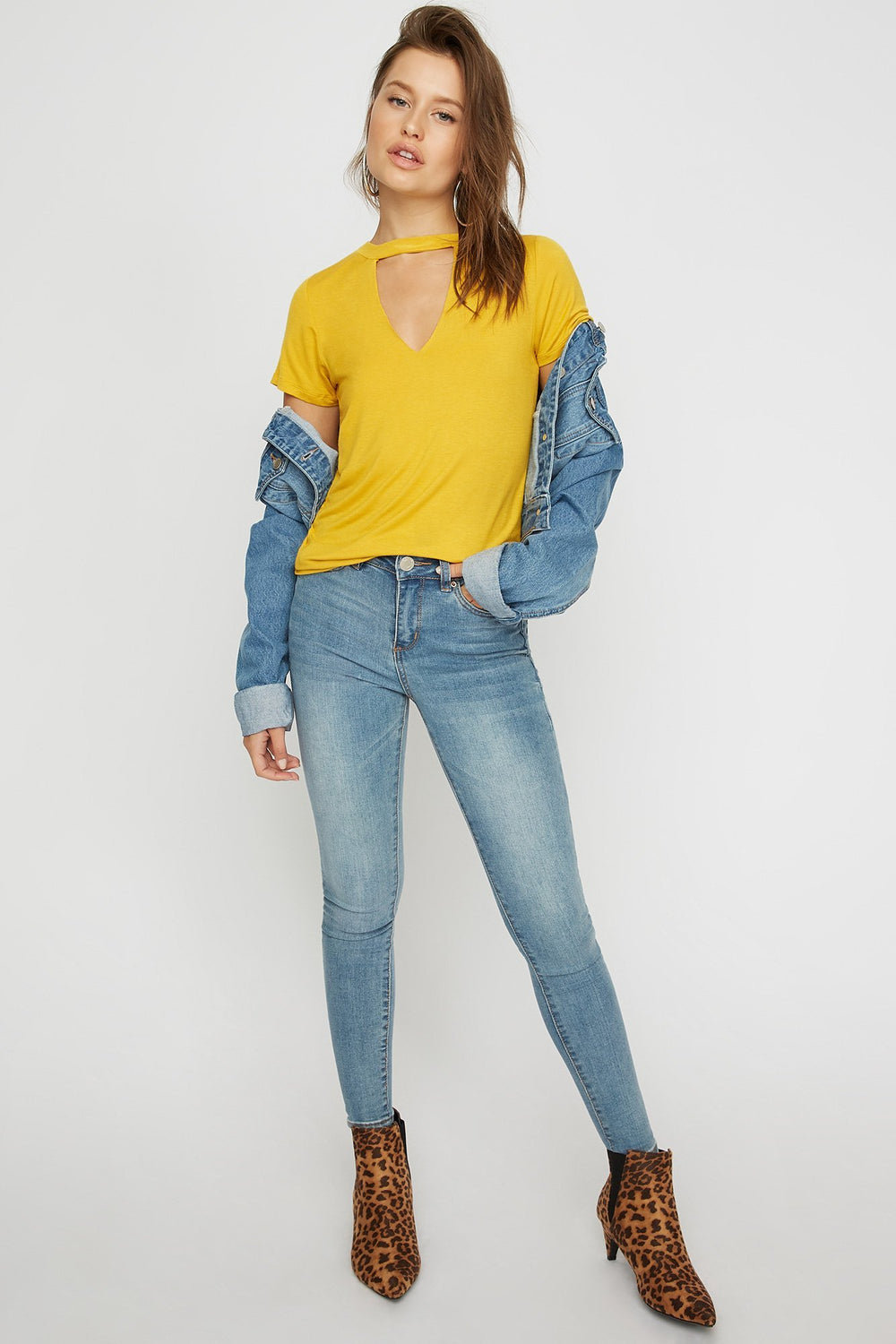 Women V-Neck Choker T-Shirt Mustard