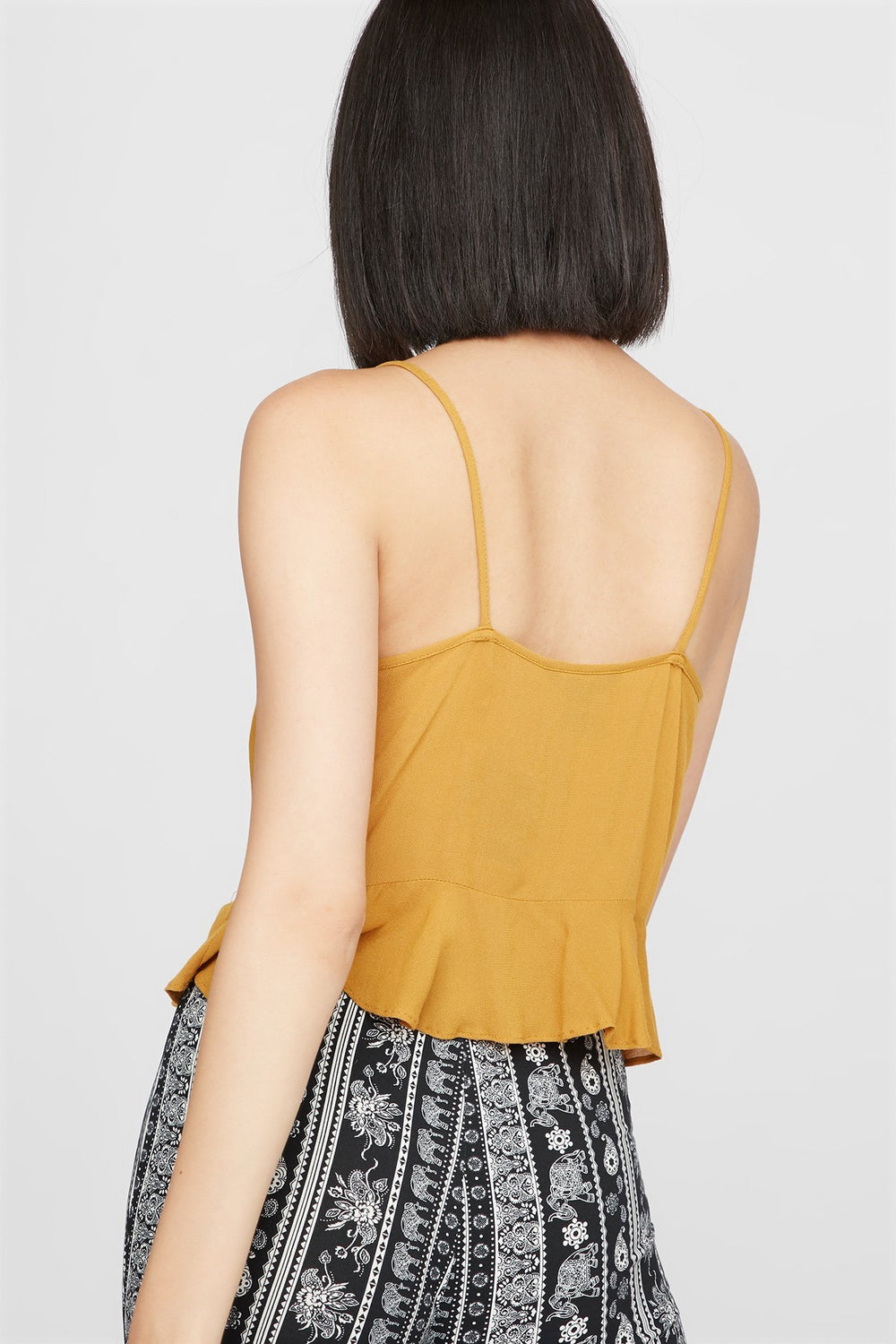 Women V-Neck Lace-Up Ruched Peplum Tank Mustard