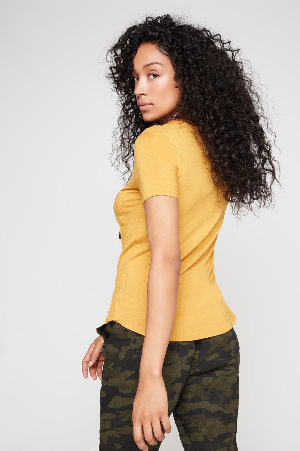 Women V-Neck Lightweight Pocket T-Shirt Mustard