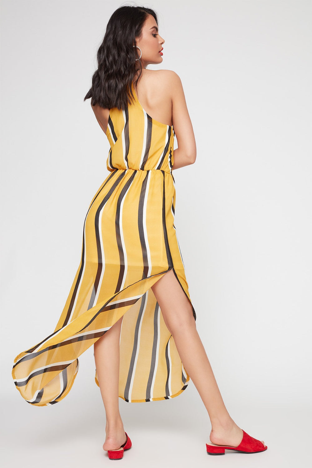 Women V-Neck Printed Side Slit Surplice Dress Mustard
