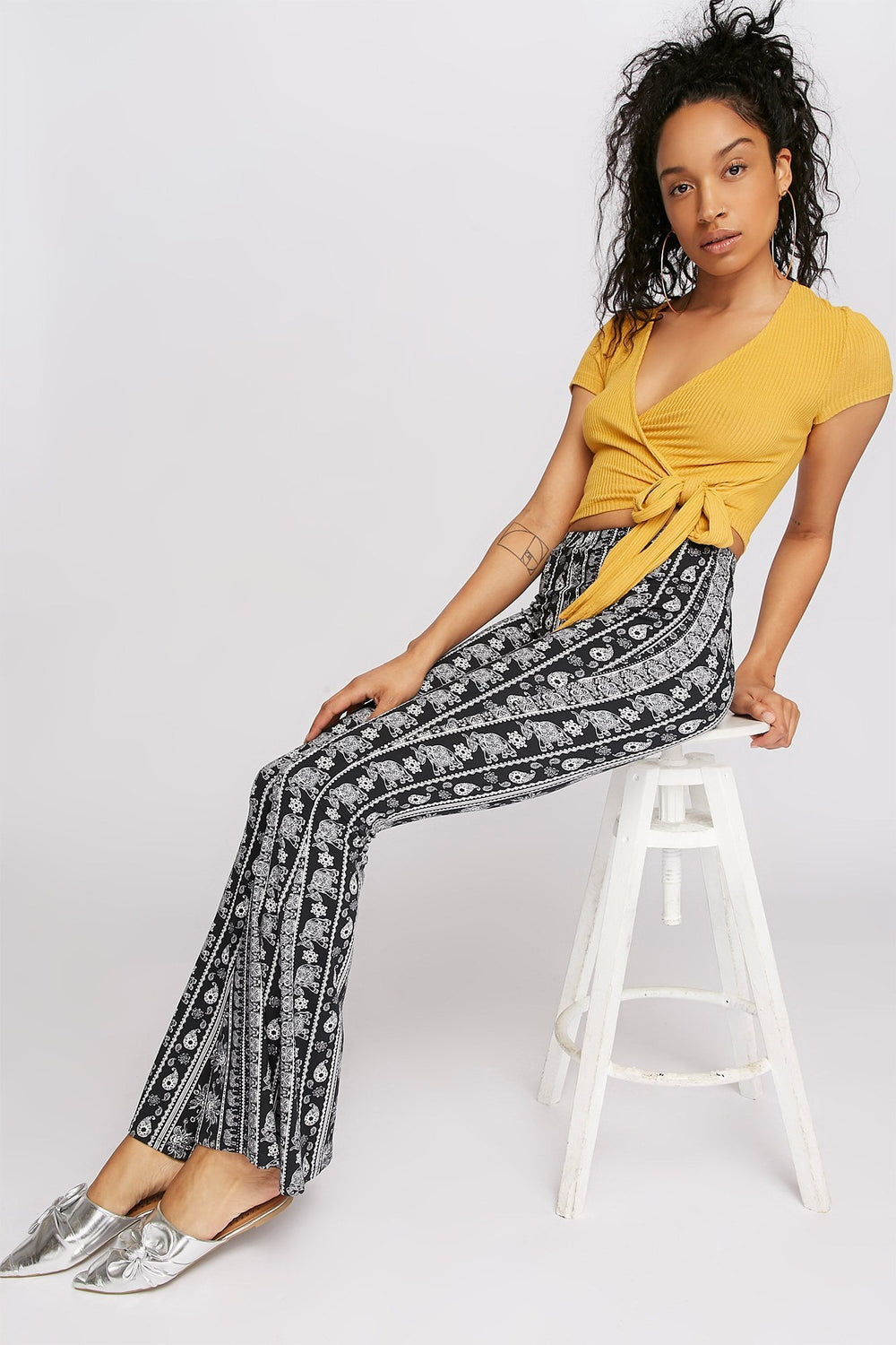 Women V-Neck Ribbed Self-Tie Cropped T-Shirt Mustard
