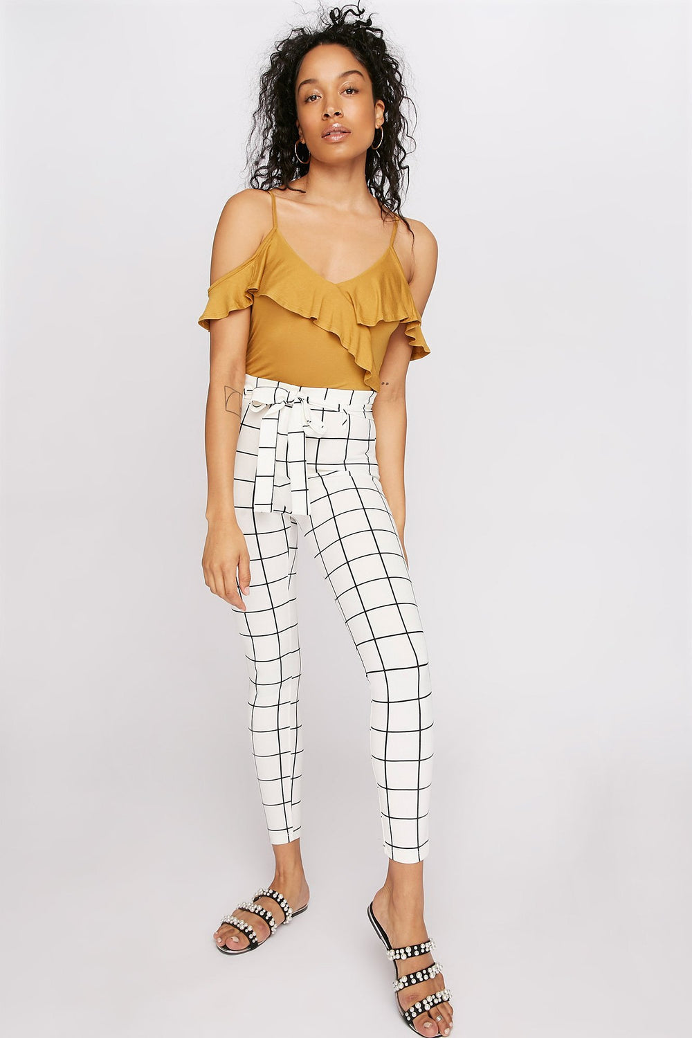 Women V-Neck Ruffle Cold Shoulder Camisole Mustard