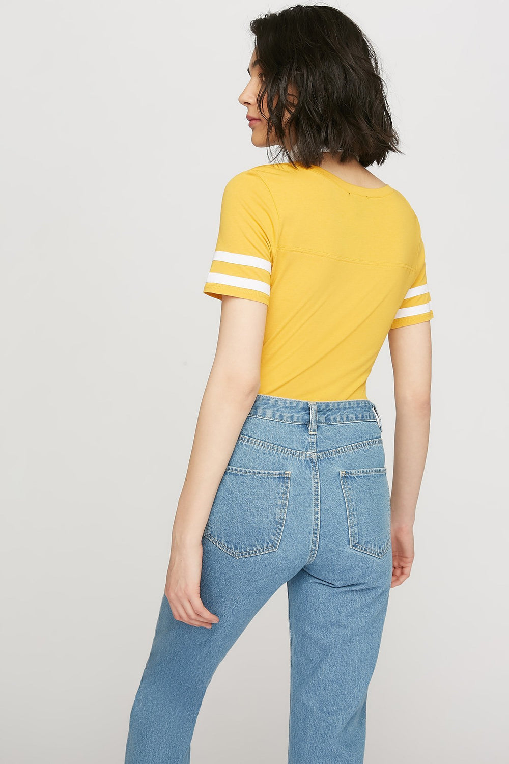 women V-Neck Varsity Striped T-Shirt Mustard