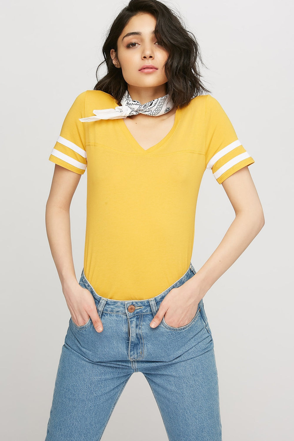 women V-Neck Varsity Striped T-Shirt Mustard