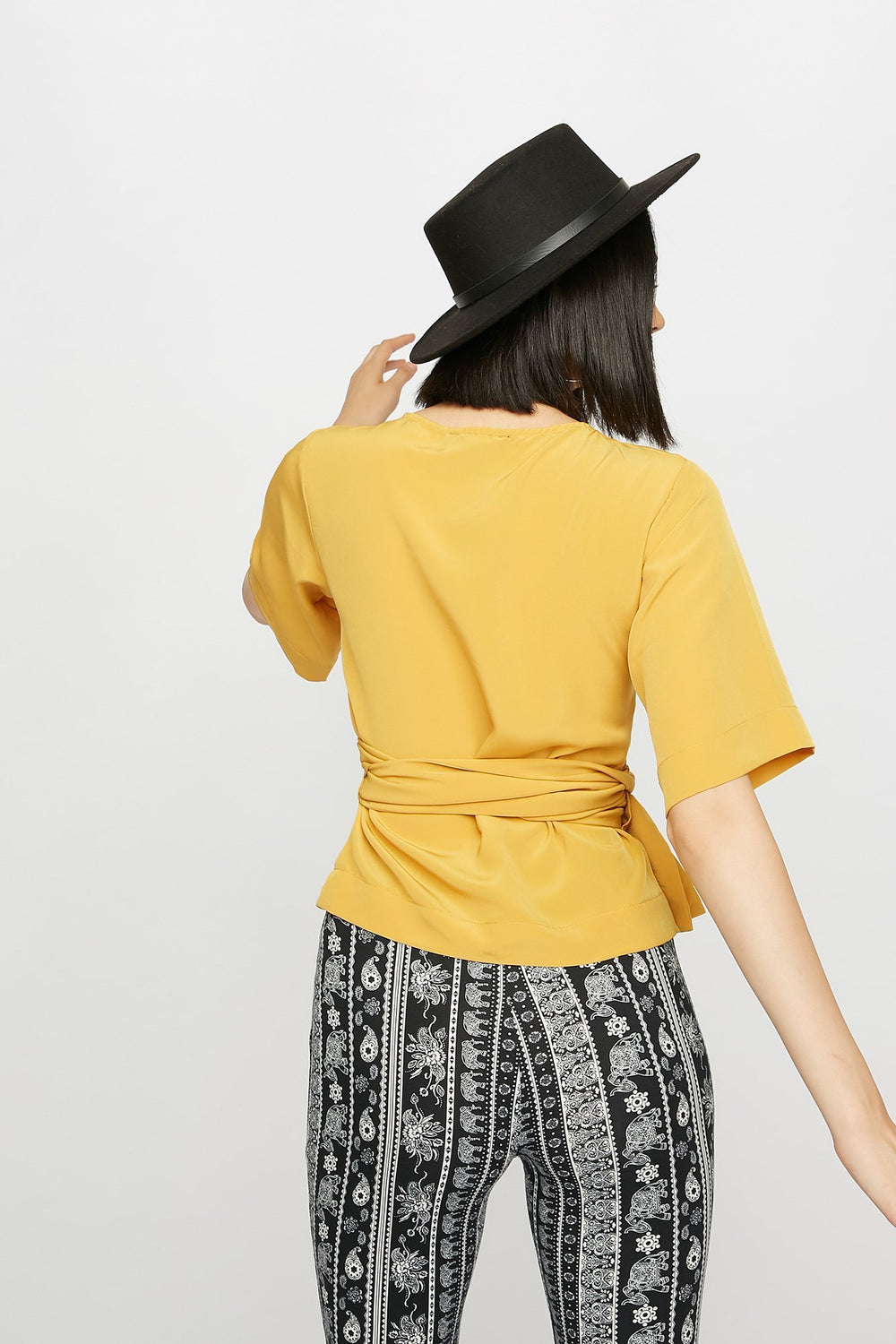 Women V-Neck Wrap Cropped Blouse Mustard