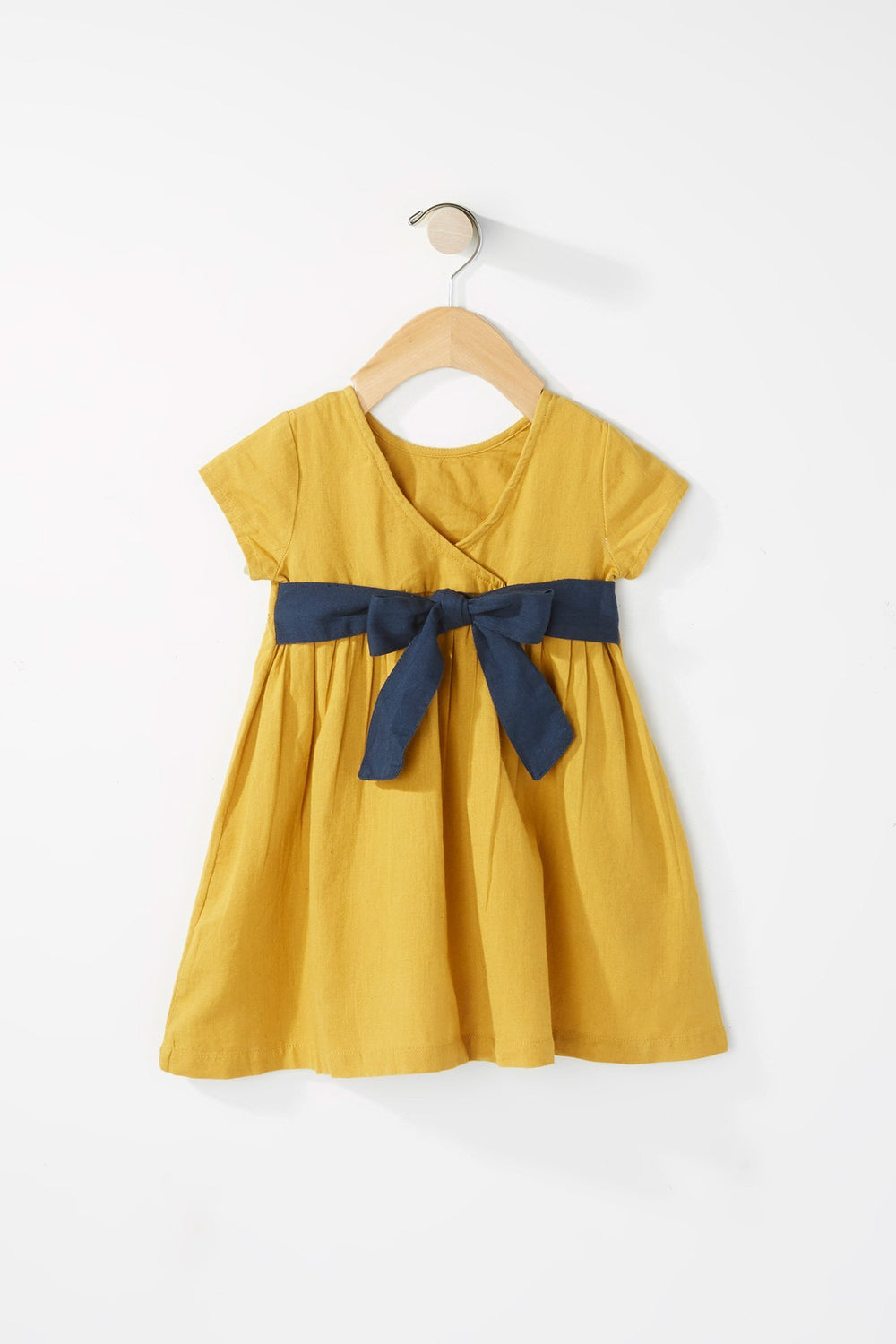 Kids Baby Girl V-Neck Back Bowtie Pleated Dress Mustard