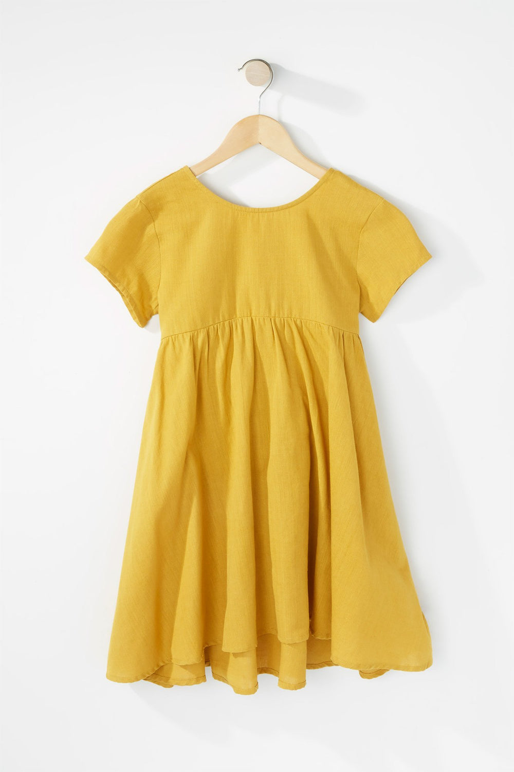 Kids Girls V-Neck Back Bowtie Pleated Dress Mustard