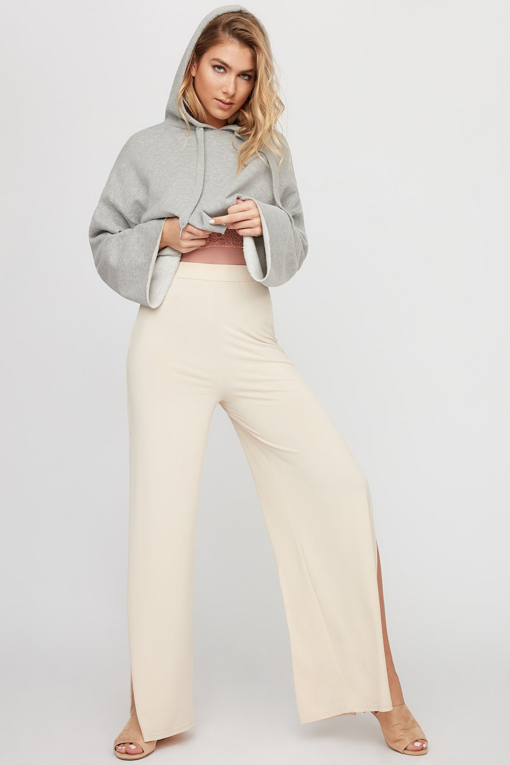 Women High-Rise Side Slit Palazzo Pant Natural