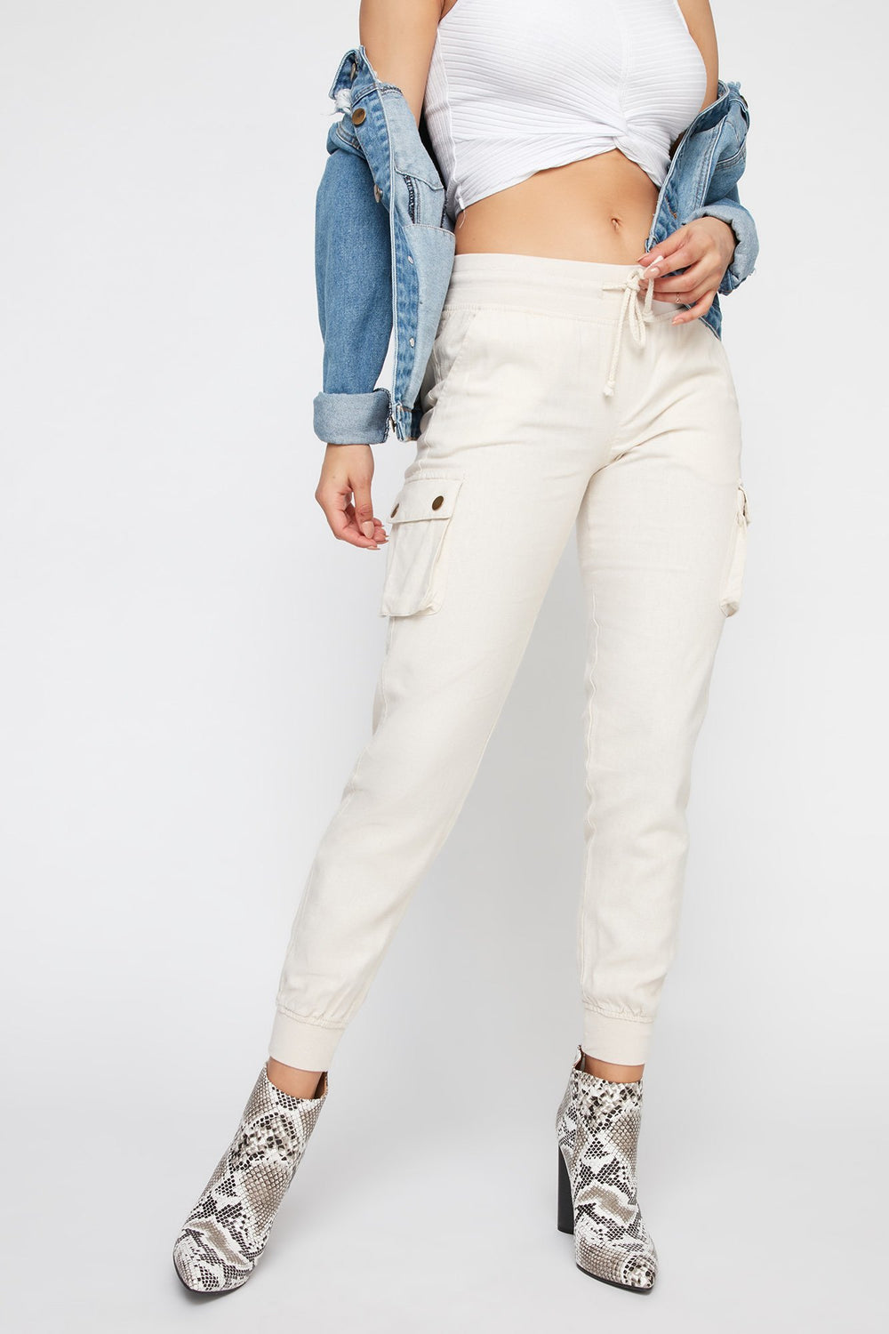 Women Linen Drawstring Cargo Jogger Natural