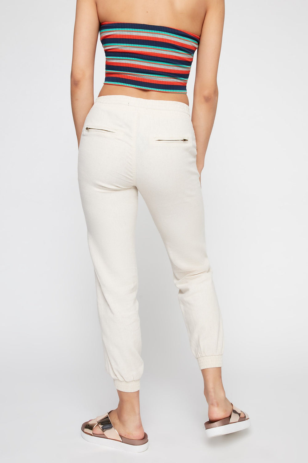 Women Linen Drawstring Zipper Jogger Natural