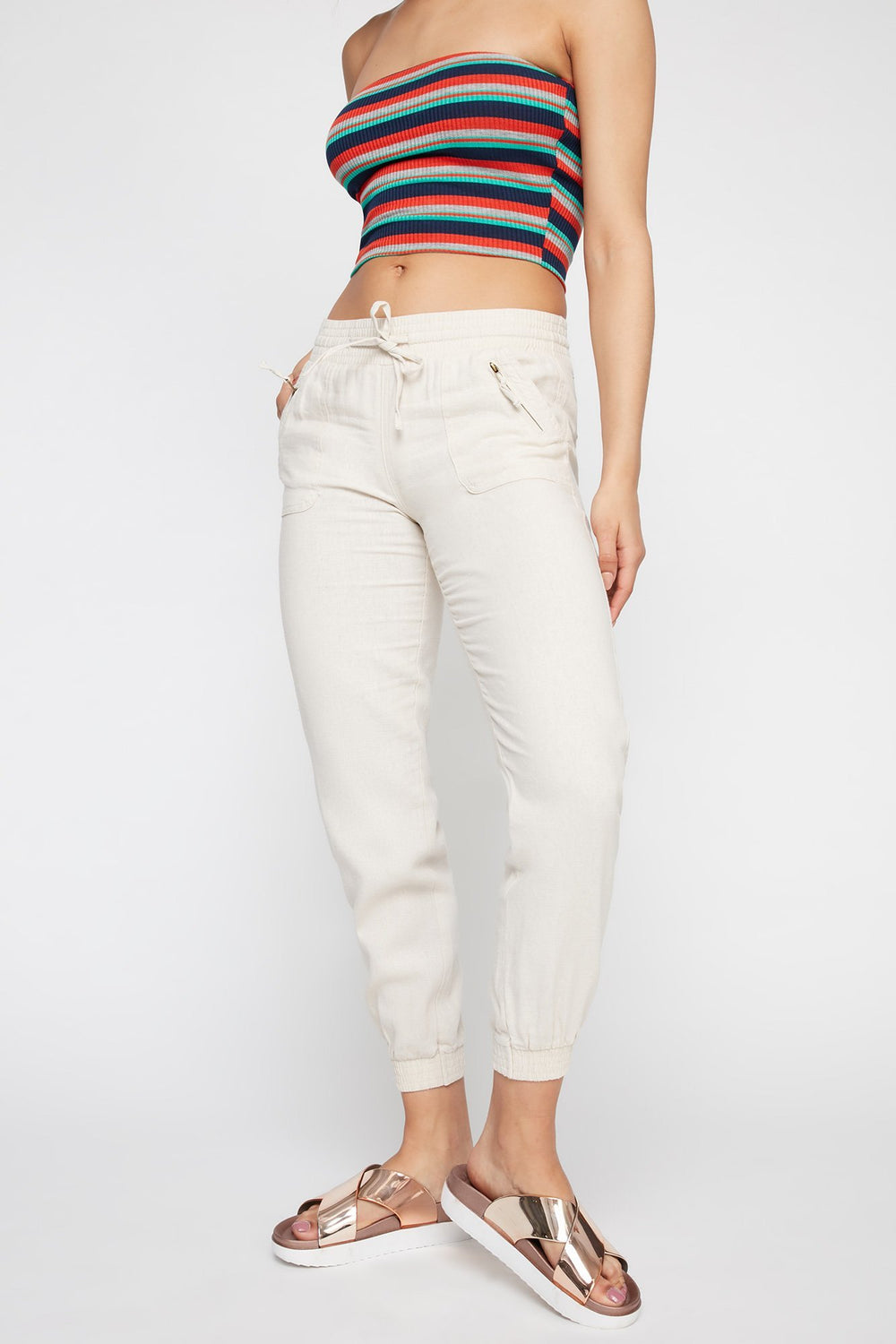 Women Linen Drawstring Zipper Jogger Natural