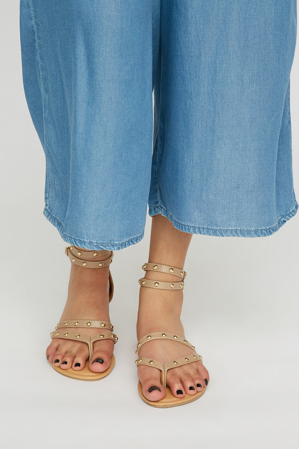 Women Studded T-Bar Dual Band Sandal Natural