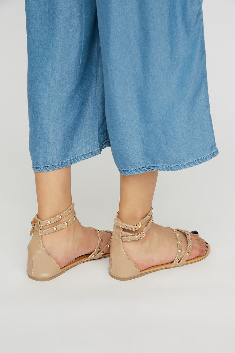 Women Studded T-Bar Dual Band Sandal Natural