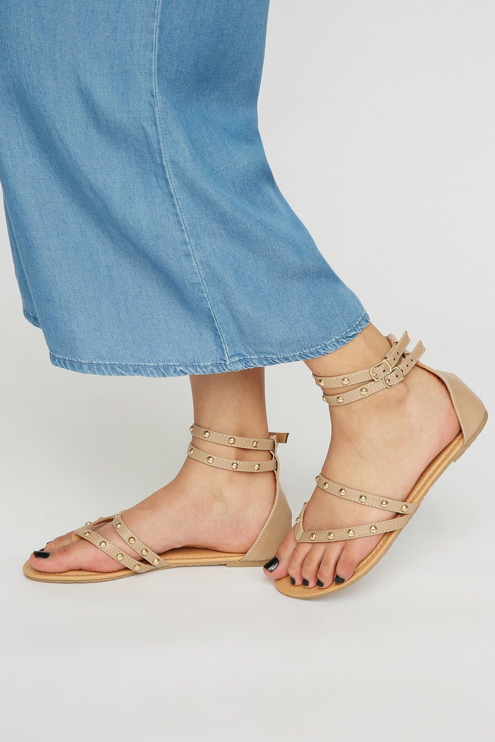 Women Studded T-Bar Dual Band Sandal Natural