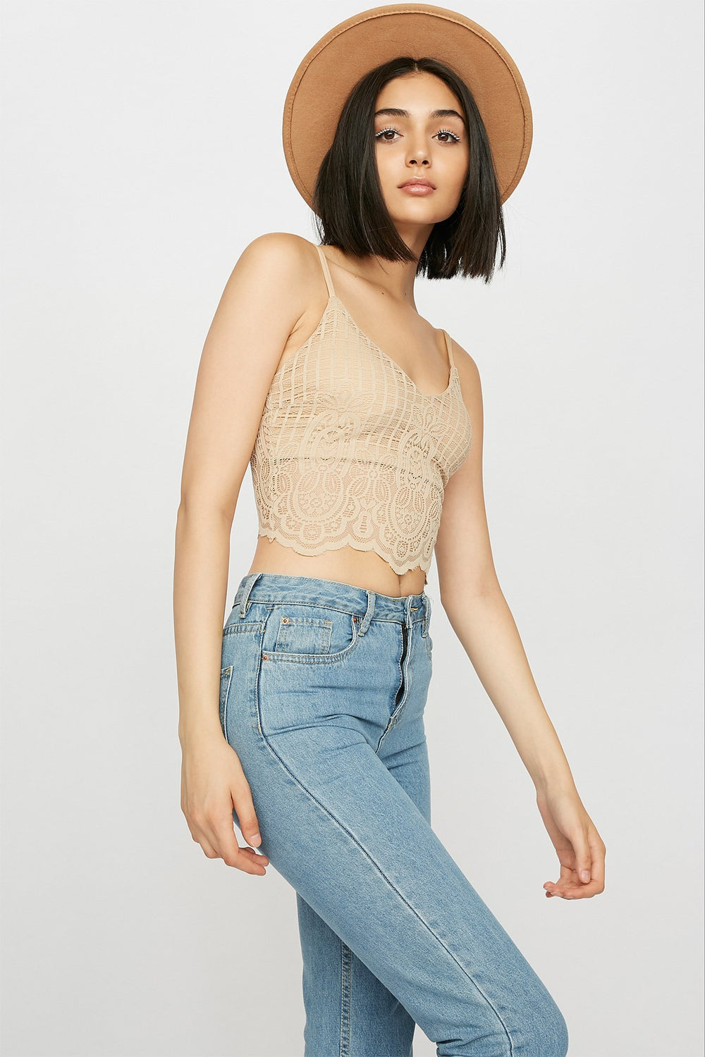 Women V-Neck Ribbed Lace Camisole Natural