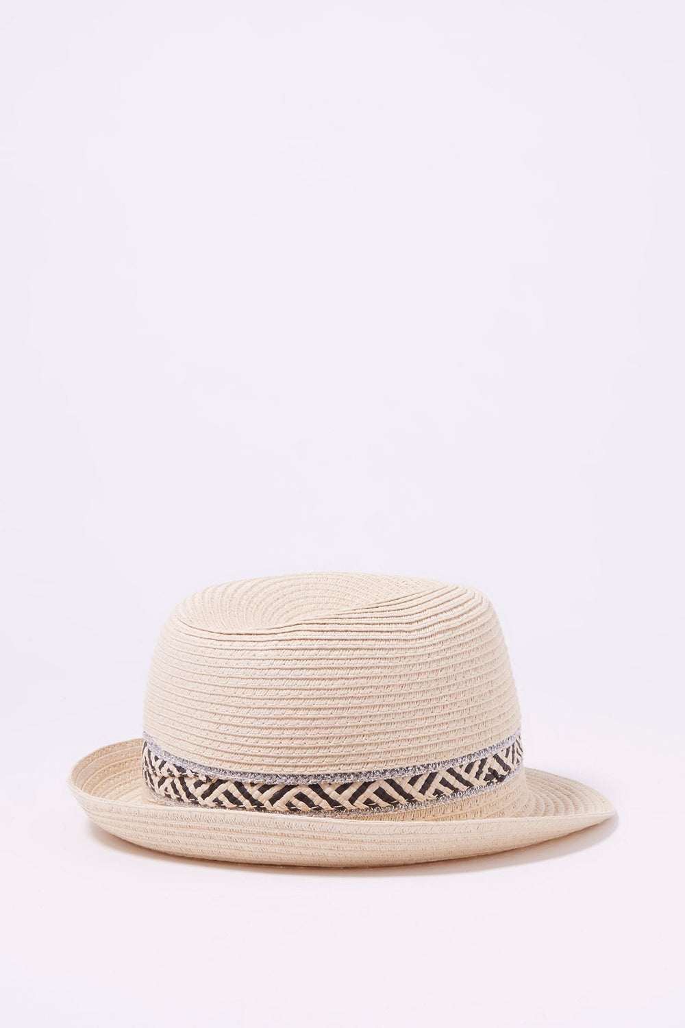 Women Straw Glitter Detail Patterned Banded Fedora Natural