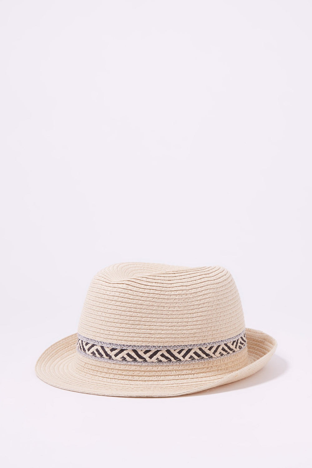 Women Straw Glitter Detail Patterned Banded Fedora Natural