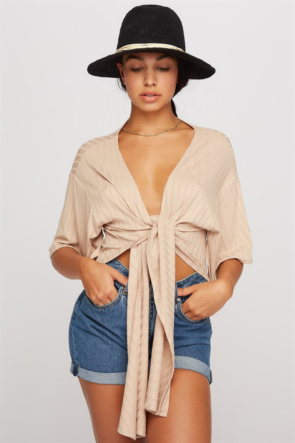Women Cardigan-kimono côtelé avec attache Naturel