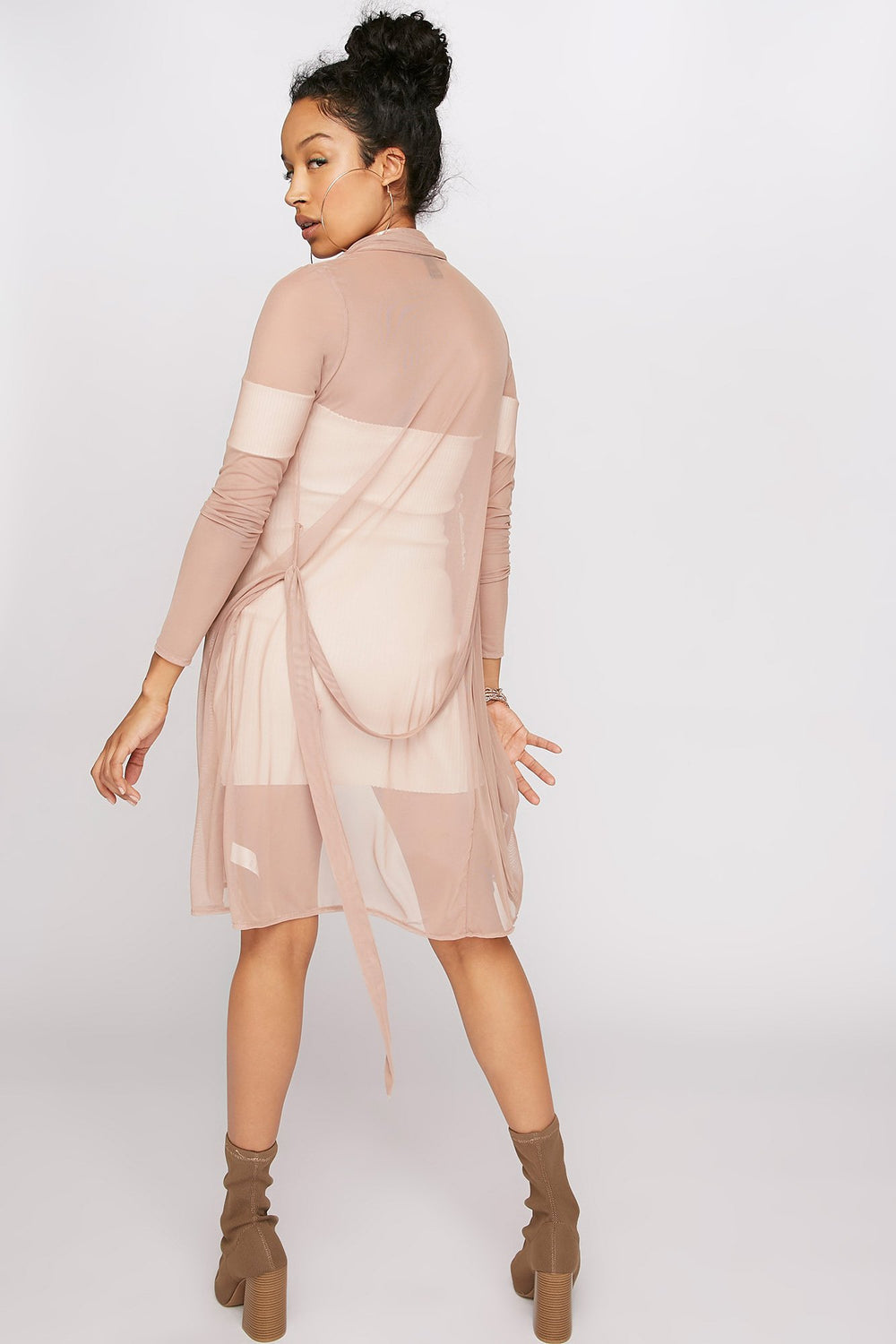 Women Cardigan long asymétrique en filet avec ceinture Naturel
