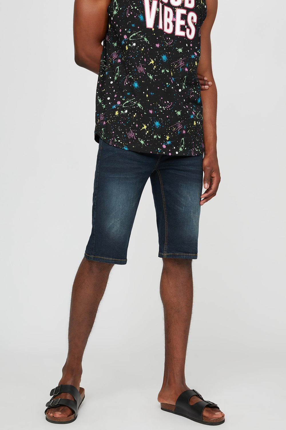 Men Dark Wash Slim Denim Short Navy Blue