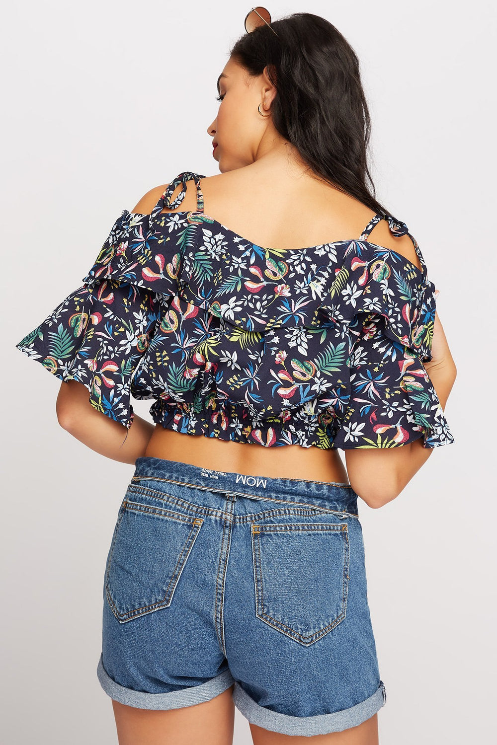 Women Cold Shoulder Floral Ruffle Bell Sleeve Cinched Cropped Blouse Navy