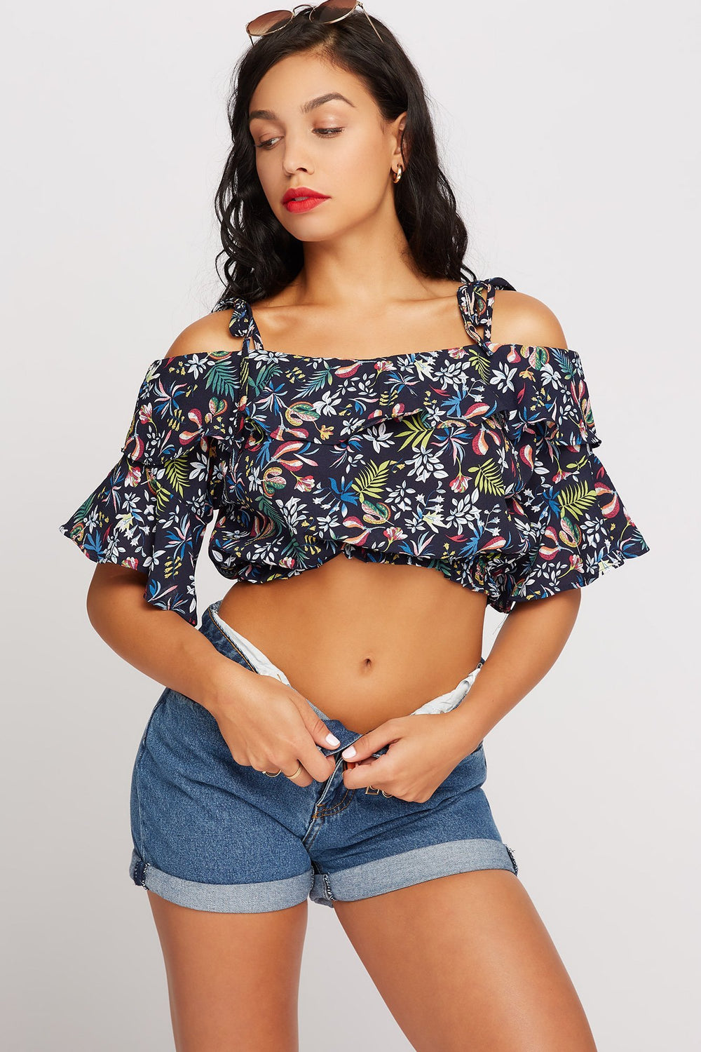 Women Cold Shoulder Floral Ruffle Bell Sleeve Cinched Cropped Blouse Navy