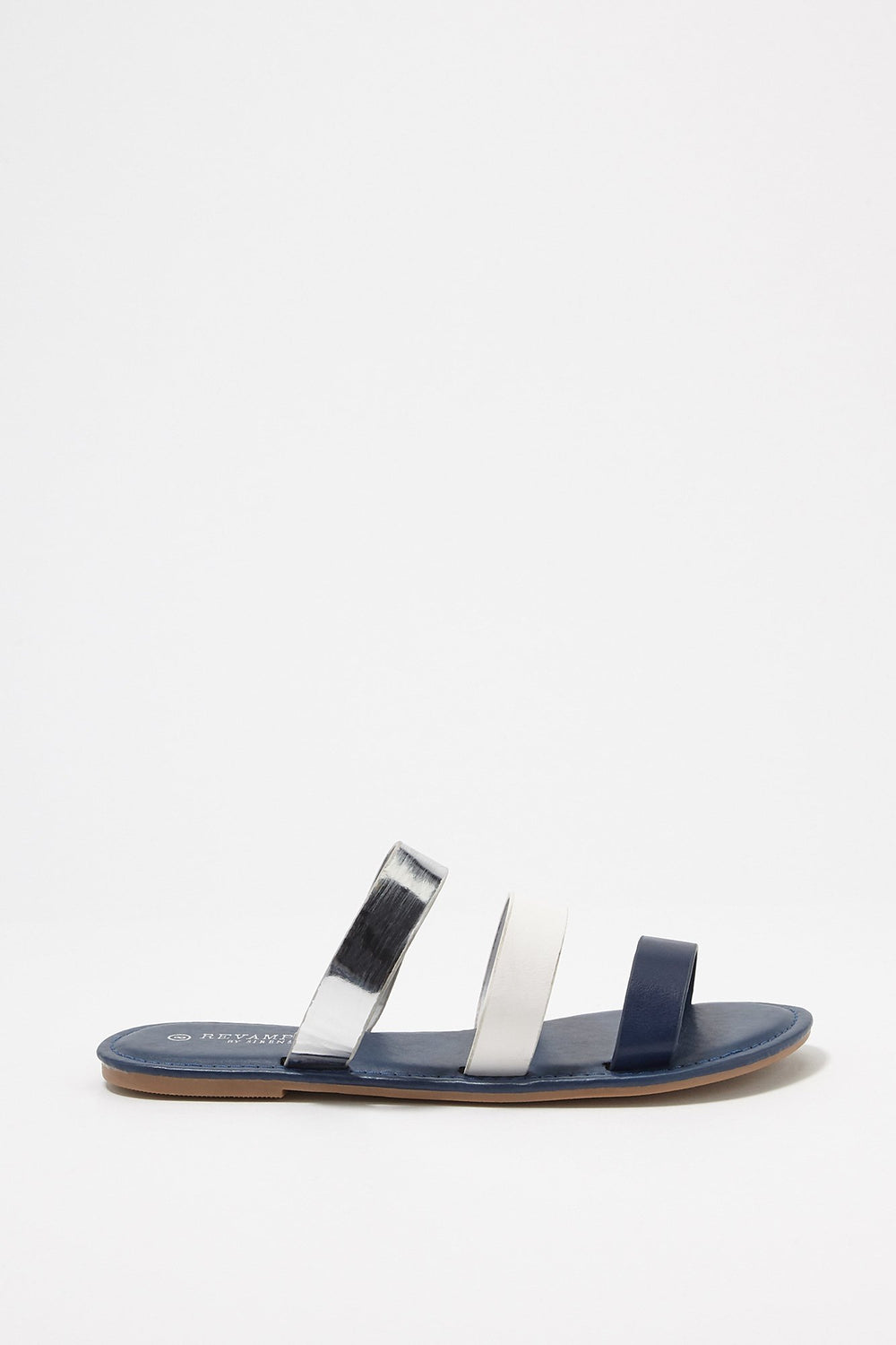 Women Faux-Leather Metallic Triple Band Slip-On Sandal Navy