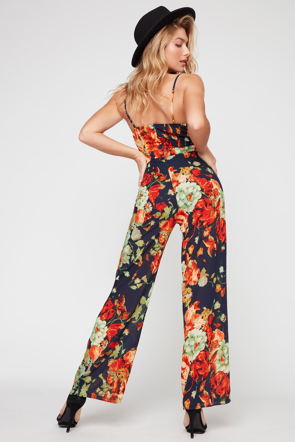 Women Floral Self-Tie Front-Knot Jumpsuit Navy