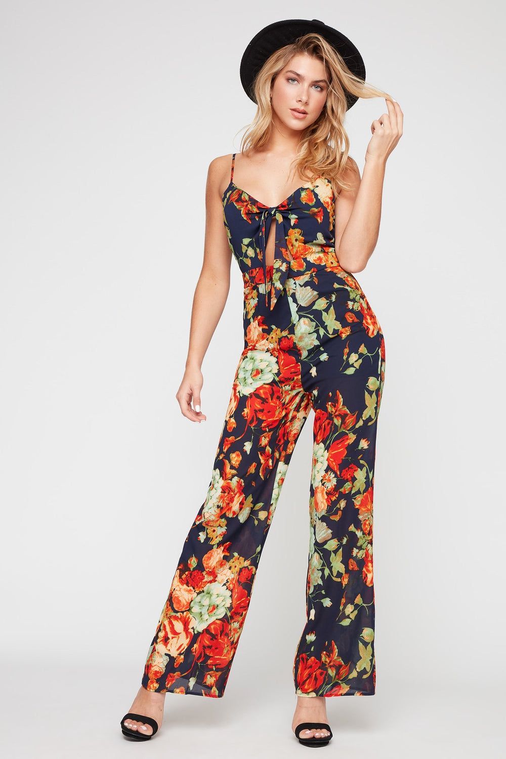 Women Floral Self-Tie Front-Knot Jumpsuit Navy
