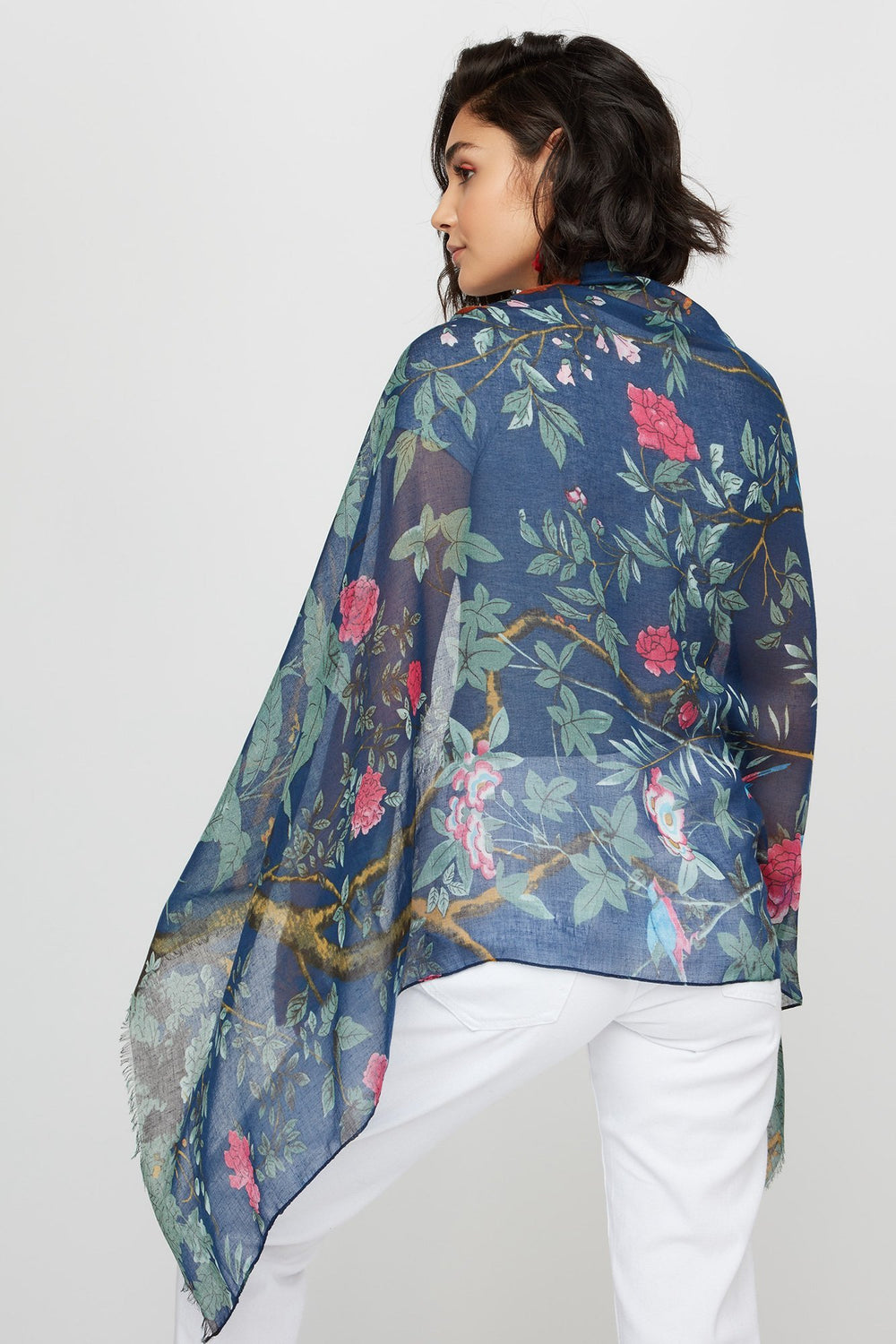 Women Lightweight Floral Sheer Scarf Navy