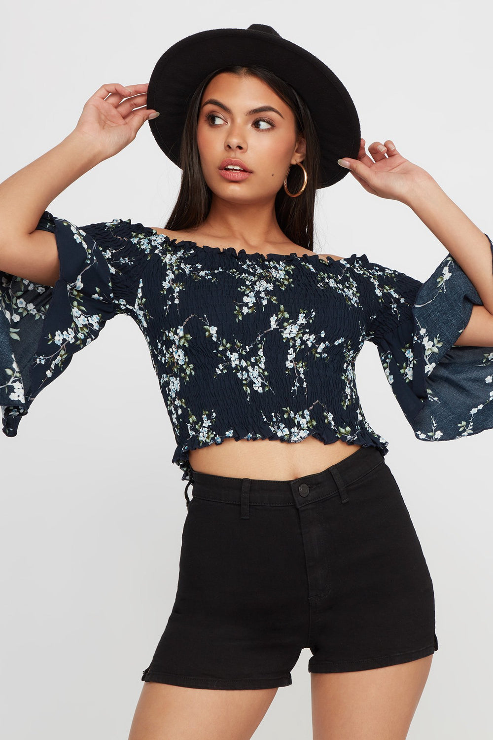 Women Off The Shoulder Smocked Floral Cropped Bell Sleeve Blouse Navy