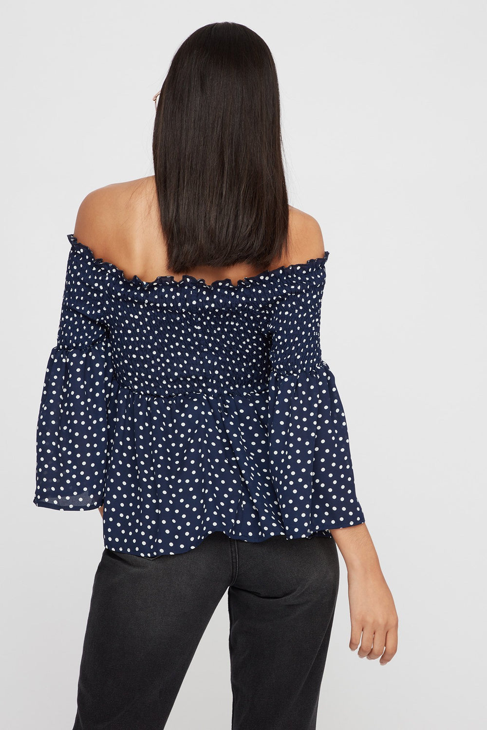 Women Off The Shoulder Smocked Polka Dot Bell Sleeve Blouse Navy