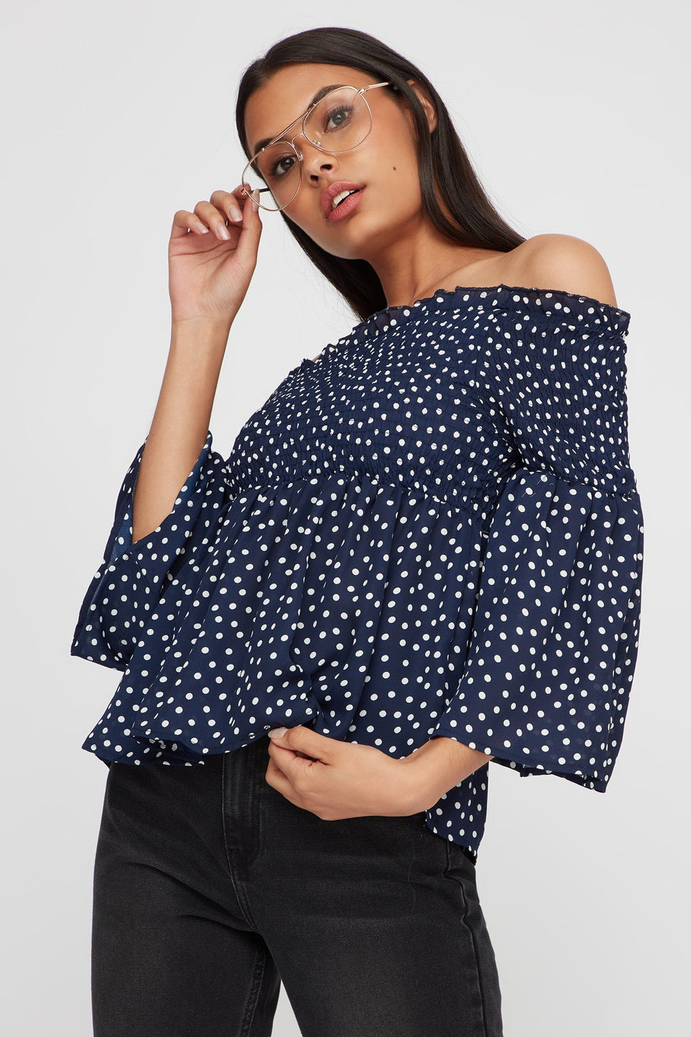 Women Off The Shoulder Smocked Polka Dot Bell Sleeve Blouse Navy