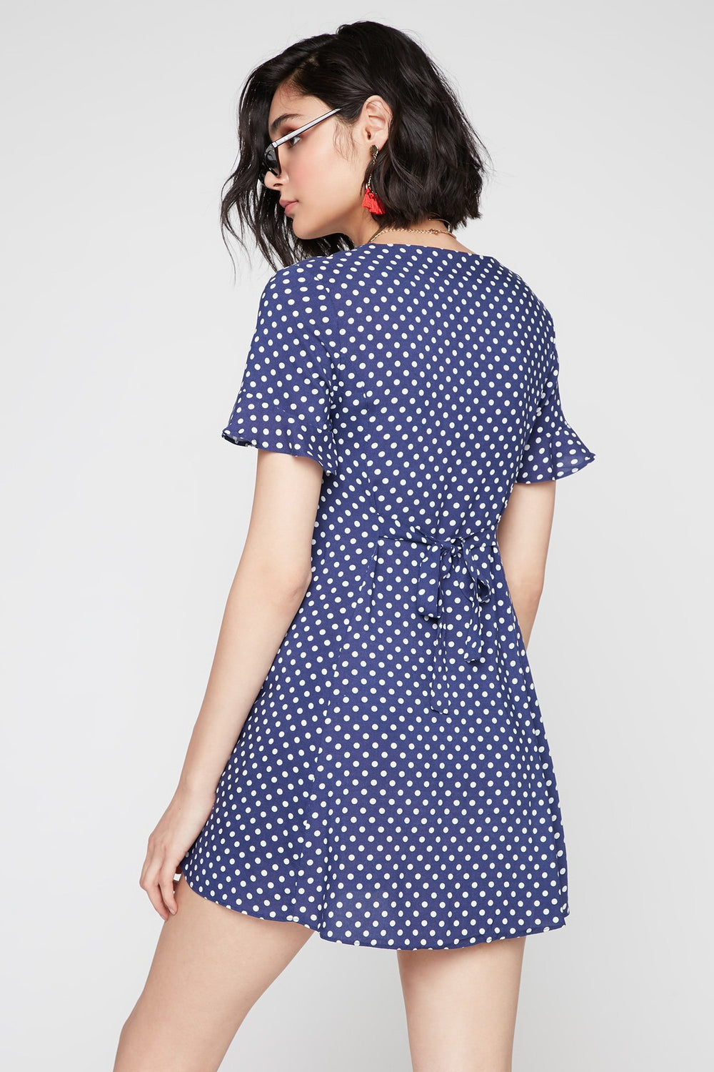 Women Ruffle Bell Sleeve Button-Up Belted Polka Dot Dress Navy