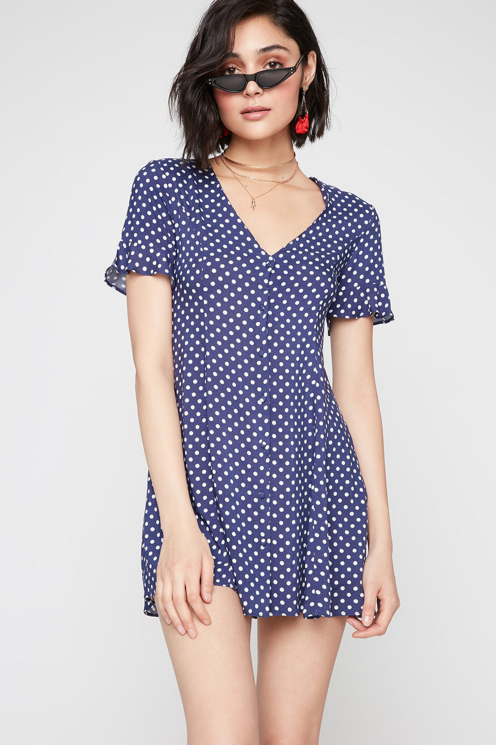 Women Ruffle Bell Sleeve Button-Up Belted Polka Dot Dress Navy