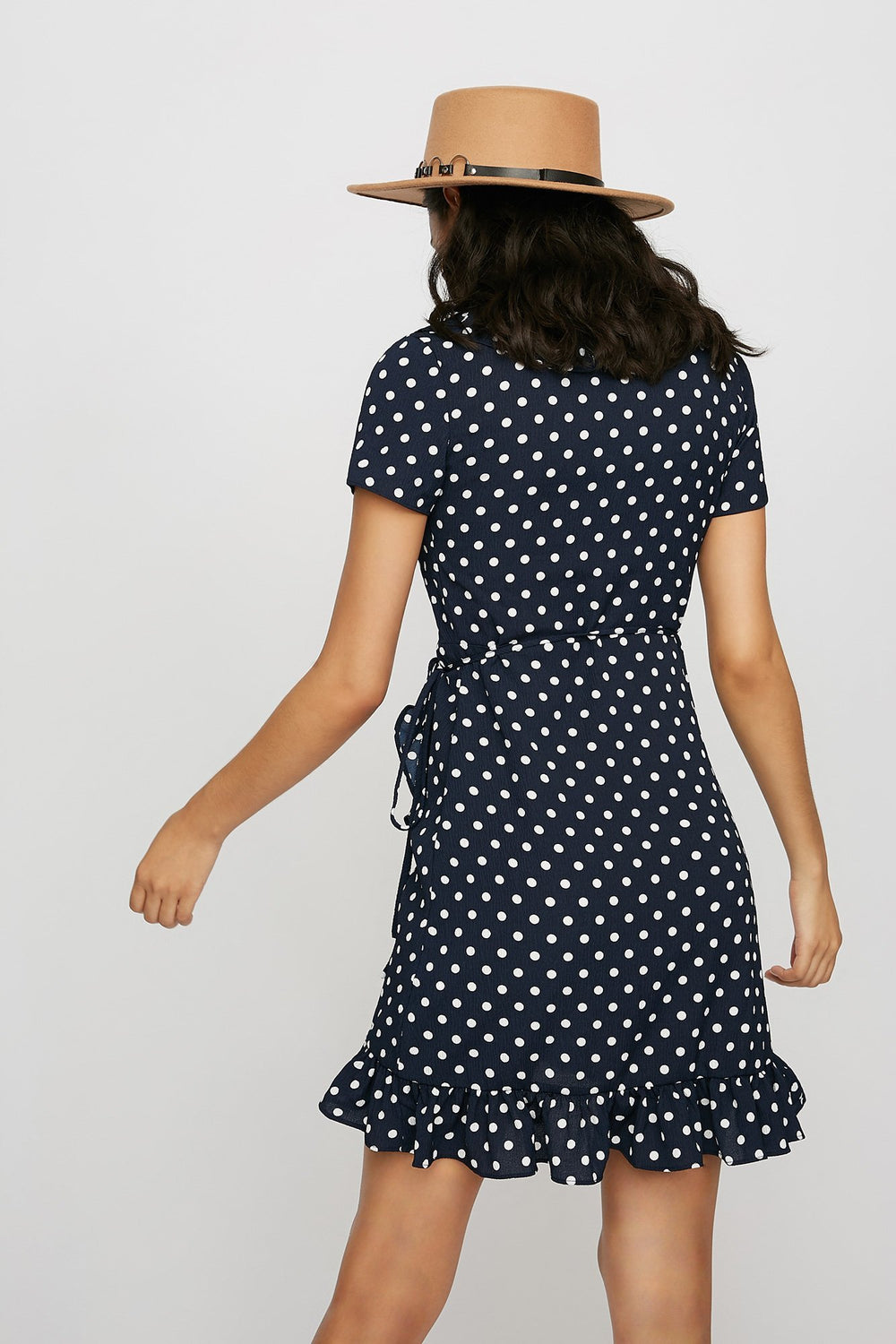 Women Ruffle Polka Dot Wrap Dress Navy