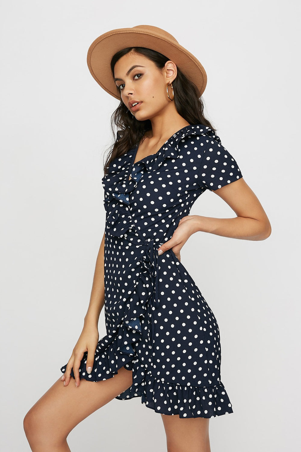 Women Ruffle Polka Dot Wrap Dress Navy