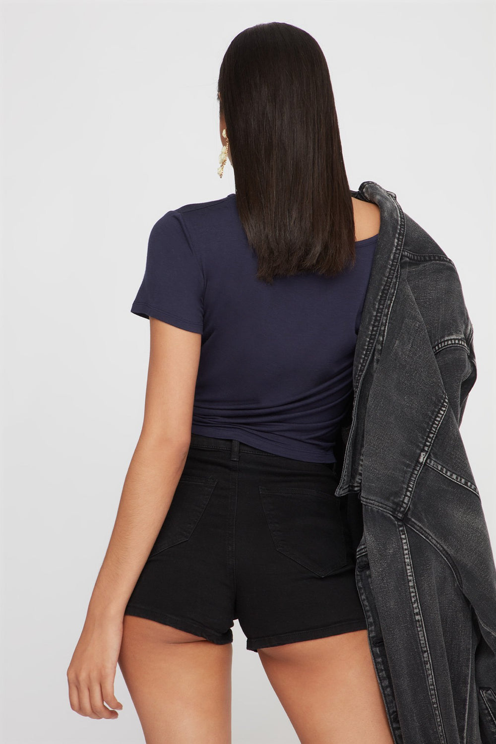 Women Caged-Neck Lightweight Basic T-Shirt Navy